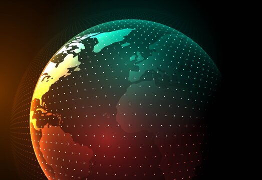 3D digital globe network background with glowing particle dot grid. Futuristic global technology cyber communication backdrop, big data connection concept, and modern world map vector illustration.