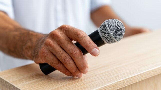 Man holding a microphone in his right hand, positioned above a wooden podium, with a blurred background suggesting a speaking or presentation setting