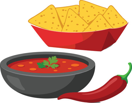 Bowl of red salsa with cilantro garnish and tortilla chips in red container showcasing Mexican snack illustration design