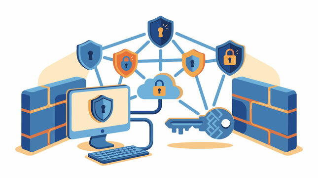 Digital network security concept with firewalls locked shields cloud and key