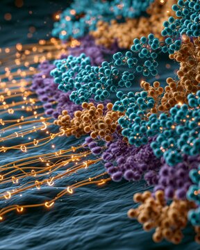 Close-up biochemical network diagram with enzyme cascades, phosphorylated protein nodes, membrane receptors, and flowing reaction arrows across layered cytoplasm textures, showing state-based and