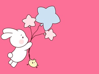 Fototapeta premium Cute bunny flying with star balloons on pink background