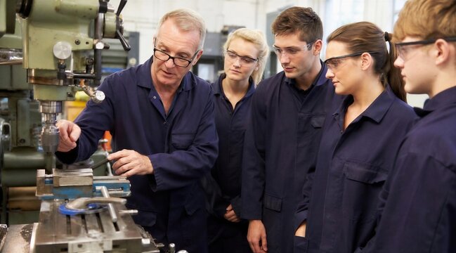 Instructor teaching students with milling machine