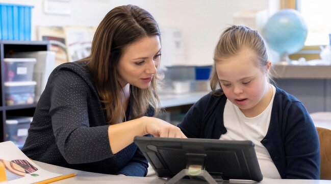 Teacher helps girl with Down syndrome use tablet