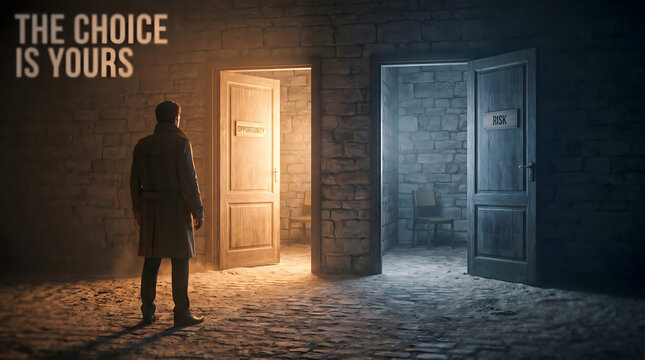 Decision Choice Concept with Man Standing Between Two Doors Marked Risk and Safety