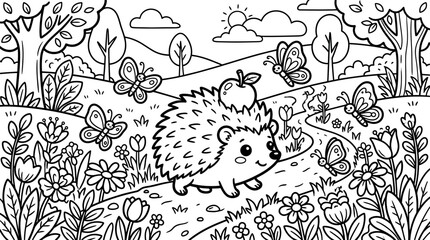 Fototapeta premium Hedgehog and butterflies coloer page vector illustration for kids activity books and coloring pages