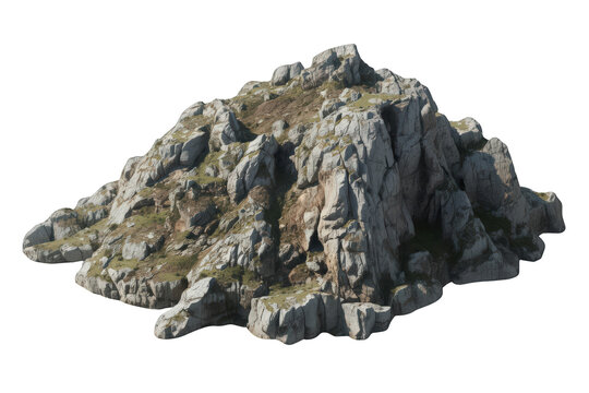 Mountain rock formation with textured boulders and green grass on a transparent alpha channel background