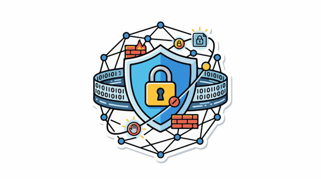 Digital shield with lock firewall and binary code representing cyber security