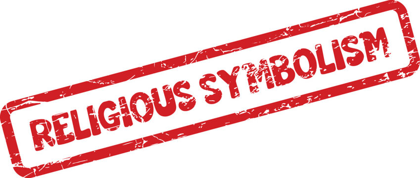 A distinct red grunge stamp indicating religious symbolism on a pristine white surface