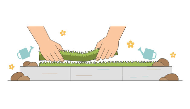 Person installing green turf grass strips over stone blocks in a garden construction project using flat illustration techniques.