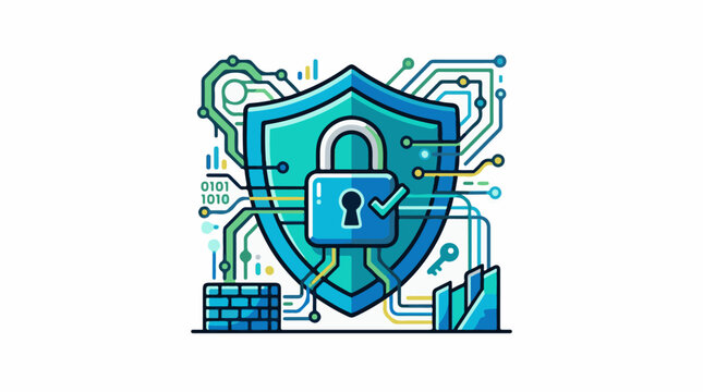 Digital shield with padlock and circuit board graphic