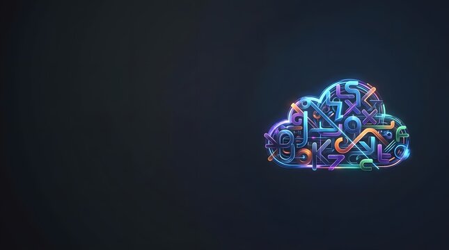 3D cloud shape made of colorful abstract letters and symbols, on dark background, technology concept.