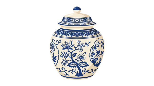 Blue and White Porcelain Ginger Jar with Floral Motif