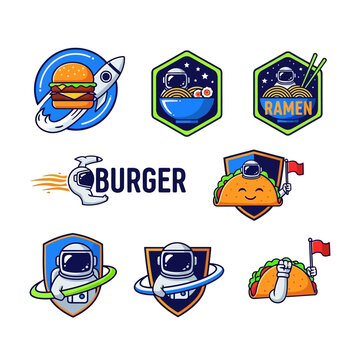 Astronaut food adventure: Burger, Ramen, Taco, Space exploration, cartoon icons