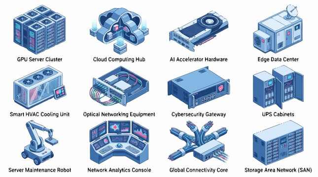 Isometric Data Center Technology Infrastructure Concept.
