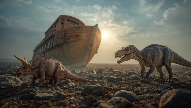 noah s ark departing with left behind dinosaurs tragic t rex and triceratops abandoned on rocky terrain dramatic sunlight misty sky realistic prehistoric extinction