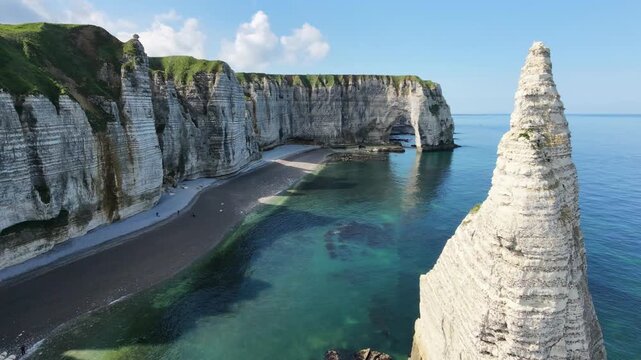 Drone aerial view of the &Eacute;tretat cliffs and sea arch, Normandy, France
