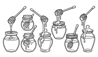 Black and White Honey Jar Vector Set with Dipper and Dripping Honey © Md