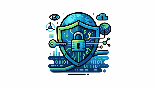 Digital security shield with globe key and binary code