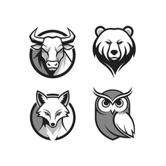 Obraz premium Bull, Bear, Fox, Owl Icons - Financial Market Symbols, Animal Logos