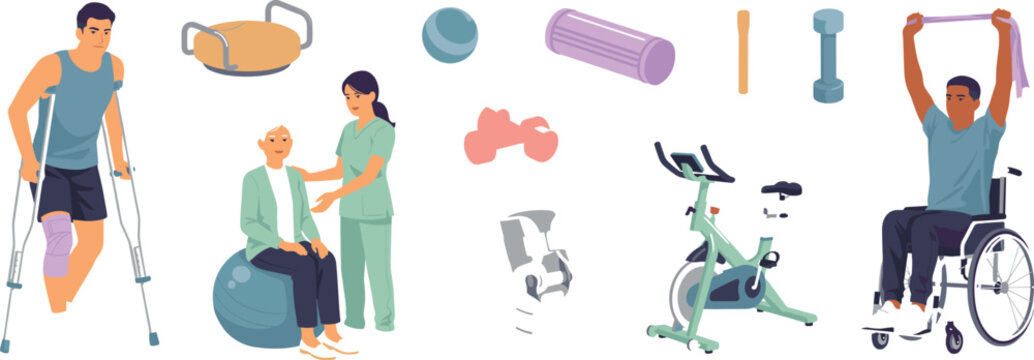 Flat Vector Illustration Character and Equipment Set for Physical Therapy Rehabilitation Medical Recovery Training and Disability Fitness Therapy Concepts