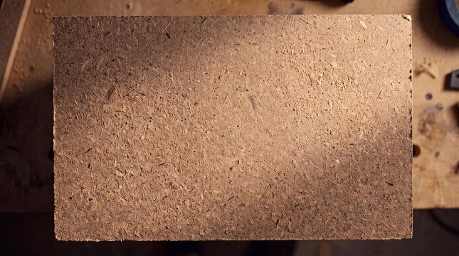 Top view of a rough textured rectangular brown particle board surface.