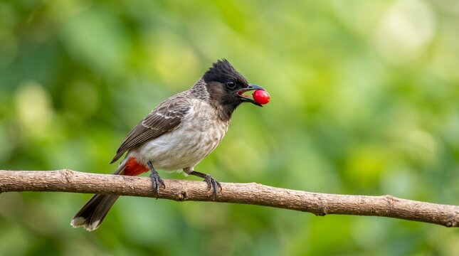 Red vented bulbul perched on a branch with a bright red berry in its beak