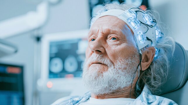 A patient seated in a clinical setting undergoing deep brain stimulation therapy, with visible electrodes and advanced medical equipment designed for Parkinson's treatment.