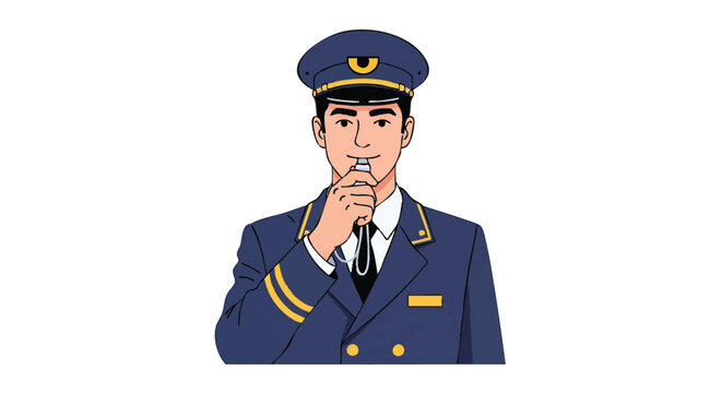 Train conductor in uniform blowing whistle signaling departure or arrival.