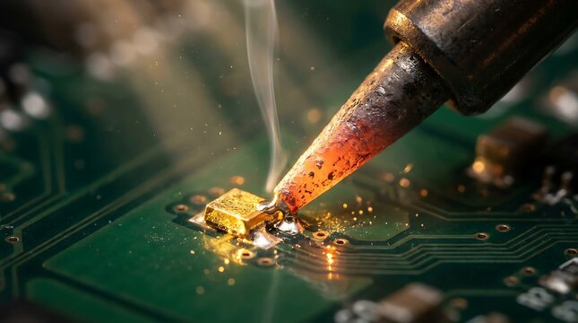 Extreme macro photography of a hot soldering iron fusing micro-components on a green printed circuit board, hardware repair and microelectronics technology concept.