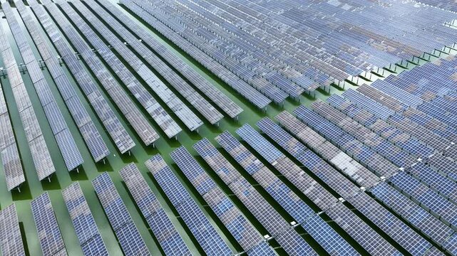 Aerial view of fishery-solar complementary photovoltaic power station on water