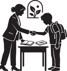 Obraz premium Teacher and student appreciation vector illustration black silhouette teacher shaking hand with male student.