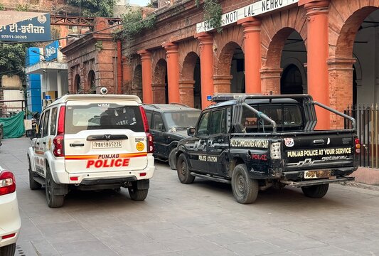 Punjab Police Vehicles at The Mohan Singh Gate, Amritsar, Punjab, India. November 2025. 