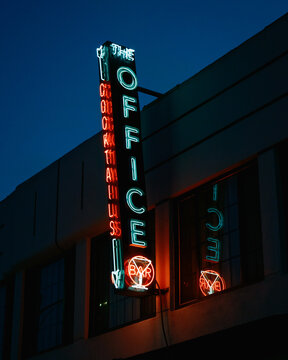 The Office Bar neon sign at night, San Diego, California