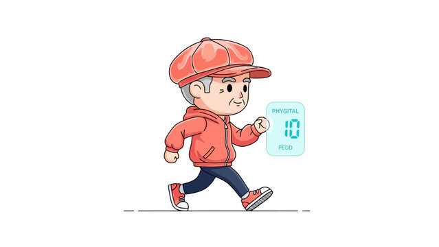 Active Senior Man Walking with Digital Pedometer Interface Illustration
