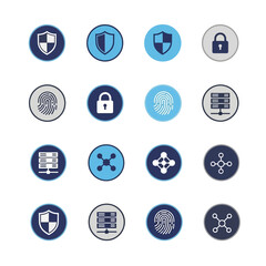 Fototapeta premium Cyber Security Icons: Shield, Padlock, Fingerprint, Server, Network Node Symbols
