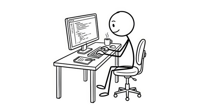 Minimalist stick figure programmer working at desk, software developer coding on computer, hand drawn doodle of office employee at workstation