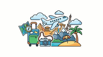 Fototapeta premium A travel collage with a plane landmarks and beach essentials