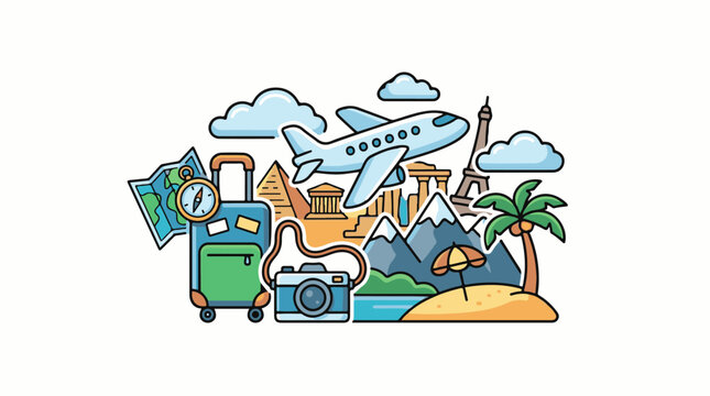 A travel collage with a plane landmarks and beach essentials