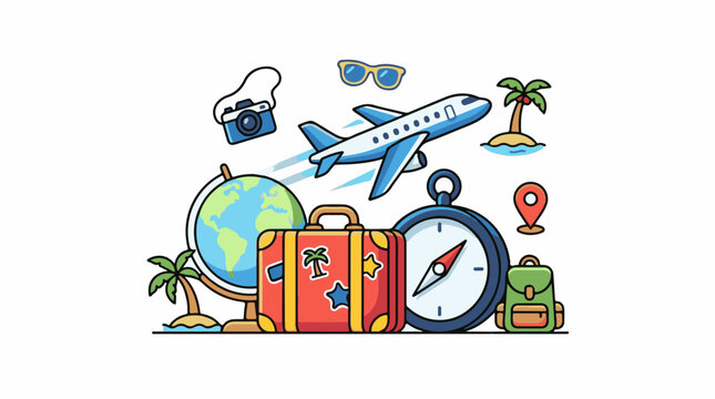 A cartoon depiction of travel items plane globe suitcase compass camera and island