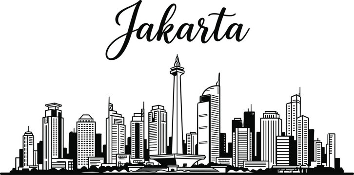 Jakarta Indonesia city skyline line art vector illustration with Monas national monument and modern skyscrapers buildings panorama