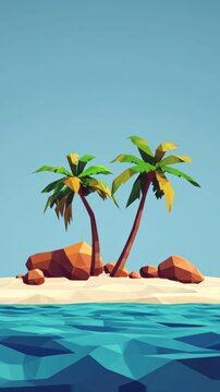 Tropical island paradise low poly palm trees on sandy beach