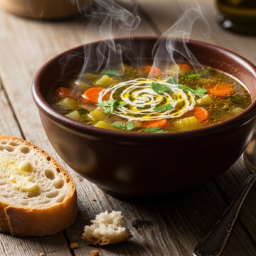 Hot vegetable soup in a brown bowl with fresh bread