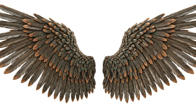 Enormous, symmetrical mythological angel wings of mechanical-organic bronze and oxidized copper, textured with verdigris patina, isolated on white concept of divine power and craftsmanship