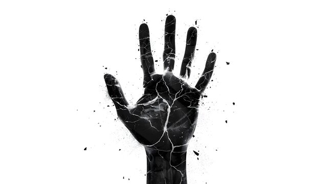 Black human hand shattering and cracking with debris floating on isolated white background