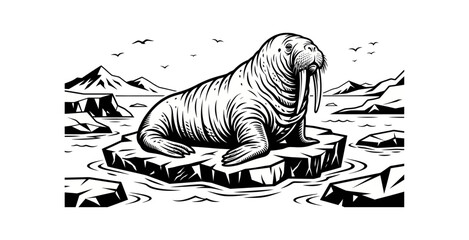 Walrus on Ice Floe Vector Illustration © Steven