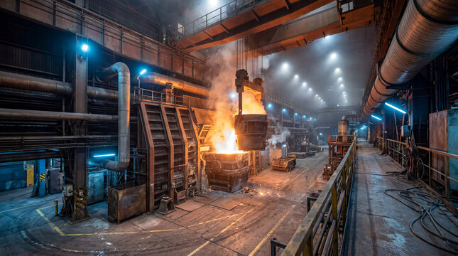 Overhead crane transferring molten steel ladle inside an integrated steel production facility