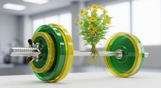 Green barbell with yellow flowers growing from the center bar handle