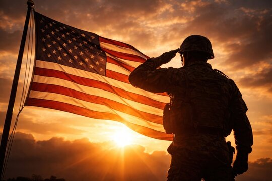 Soldier saluting American flag sunset