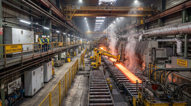 Engineers monitoring automated hot steel production line inside an industrial rolling mill